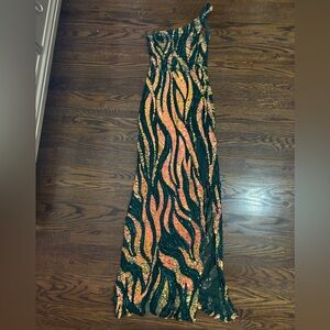 One Shoulder Evening Gown with Leg Split Colour Changing Sequins Back Cut Out